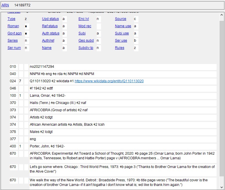 A screen shot from OCLC Connection showing the Name Authority Record for Omar Lama. 